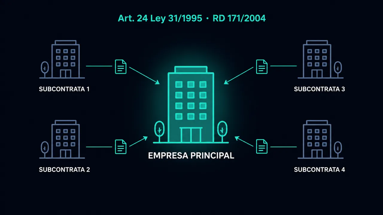 Diagrama de la Coordinación de Actividades Empresariales (CAE): las subcontratas 1 a 4 envían su documentación validada a la empresa principal, conforme al Art. 24 de la Ley 31/1995 y el RD 171/2004