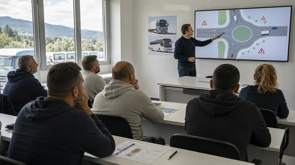 Aula de formación CAP con conductores profesionales · 35 horas de renovación cada 5 años