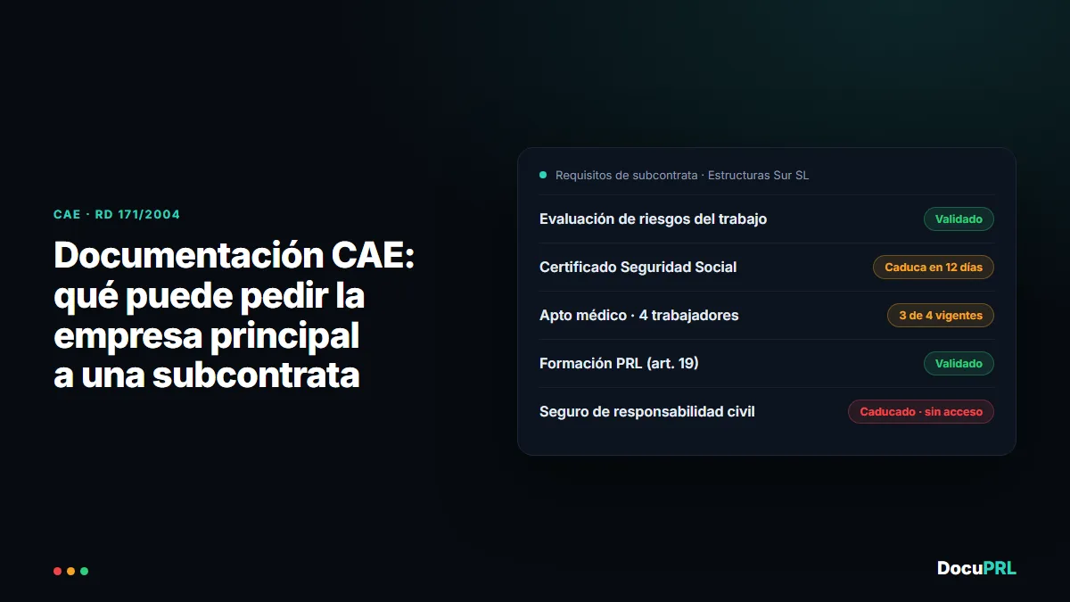 Panel de requisitos CAE de una subcontrata: evaluación de riesgos validada, certificado de la Seguridad Social a punto de caducar, aptos médicos de tres de cuatro trabajadores vigentes y seguro de responsabilidad civil caducado