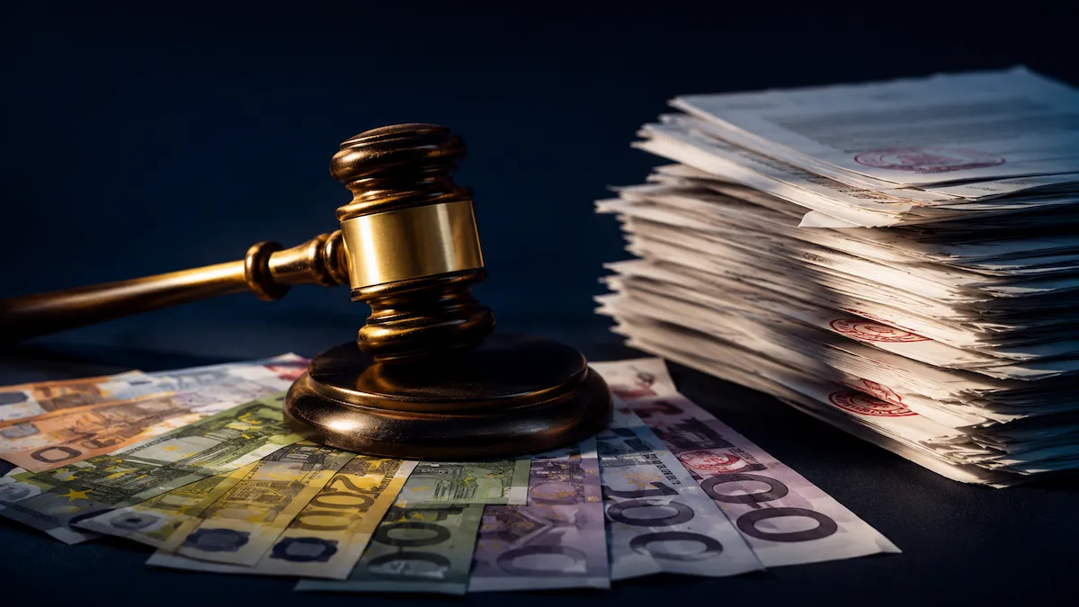 Mazo de juez sobre billetes y documentos oficiales · Multas PRL en España 2026