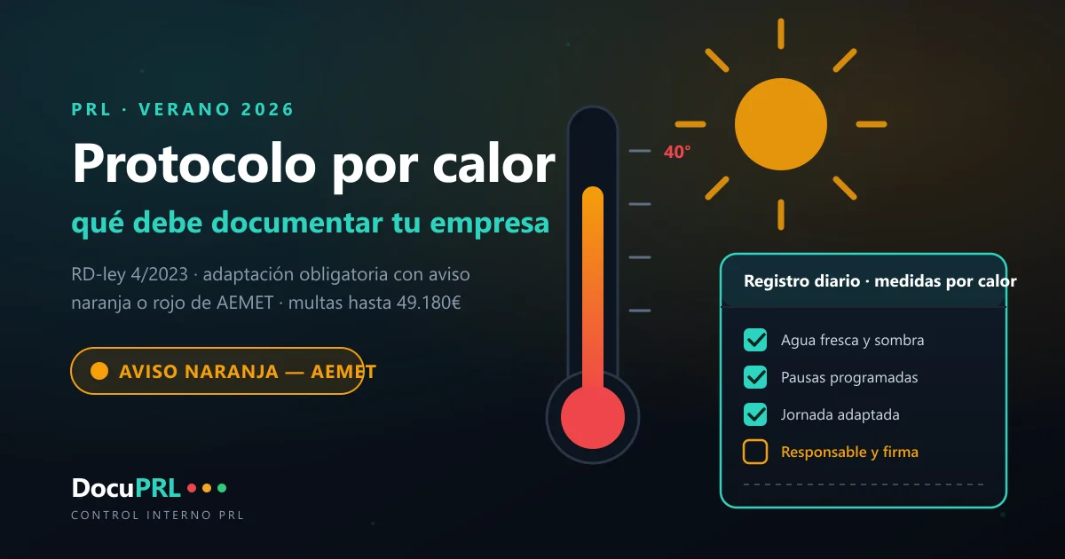 Protocolo por calor en el trabajo: termómetro marcando temperatura extrema con aviso naranja de AEMET junto a un registro diario de medidas preventivas documentado