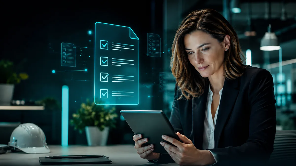 Reforma de la Ley de PRL 2026: una técnico de prevención revisa la documentación de cumplimiento en una tablet, con casco de obra y checklist digital en pantalla