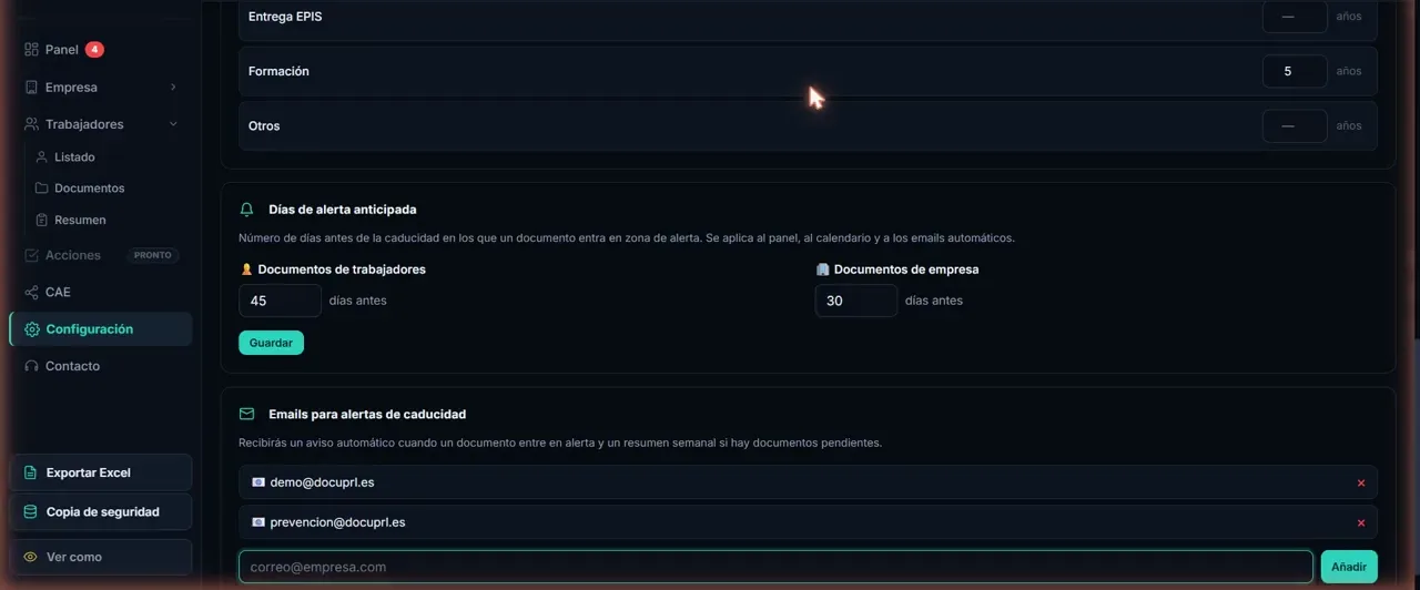 Configuración de los días de alerta y de los correos que reciben los avisos automáticos en DocuPRL