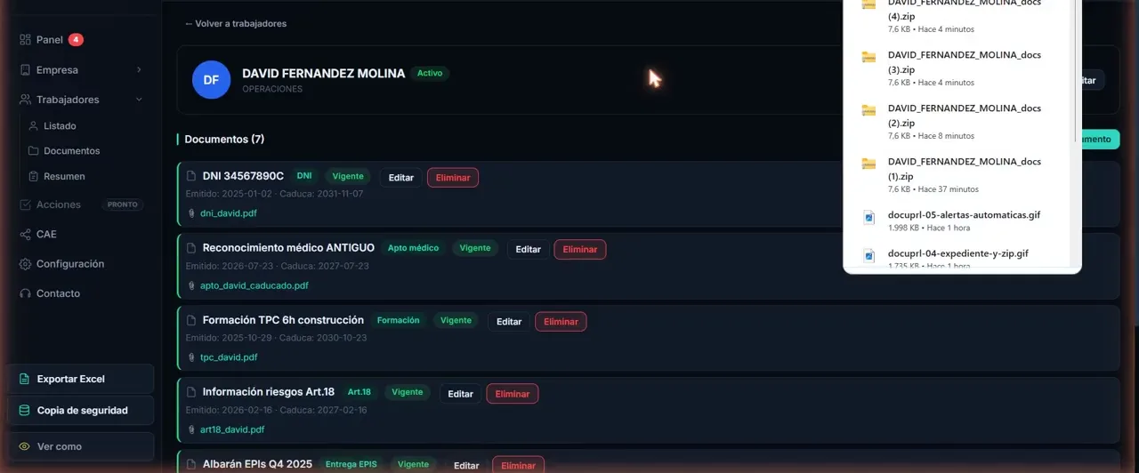 Expediente documental completo de un trabajador en DocuPRL, con el estado de cada documento