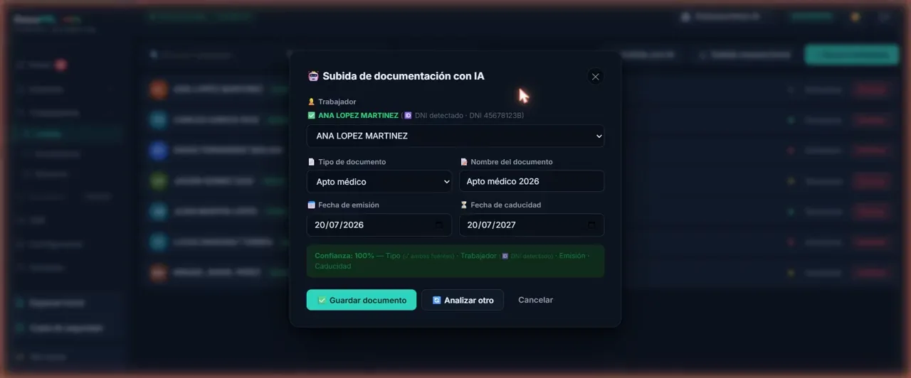 DocuPRL analiza un PDF y rellena trabajador, tipo de documento y fechas de caducidad