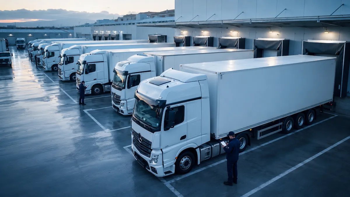 Flota de camiones en centro logístico al amanecer · Software PRL para transporte y logística